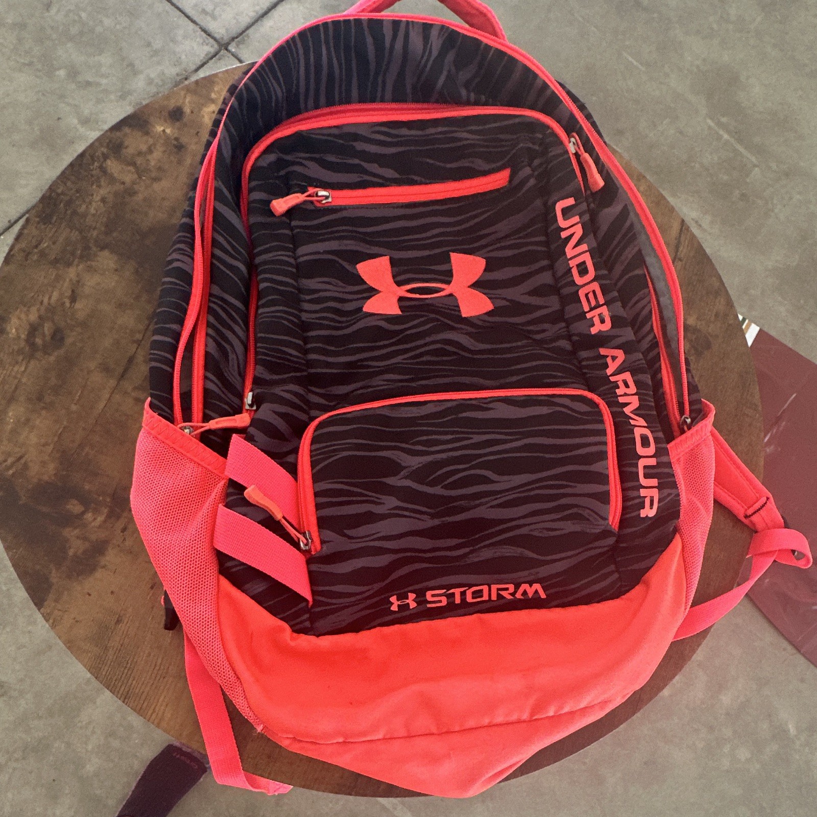 Under Armour Storm Backpack Black/Pink Animal Print Zip, Pockets, Adjustable