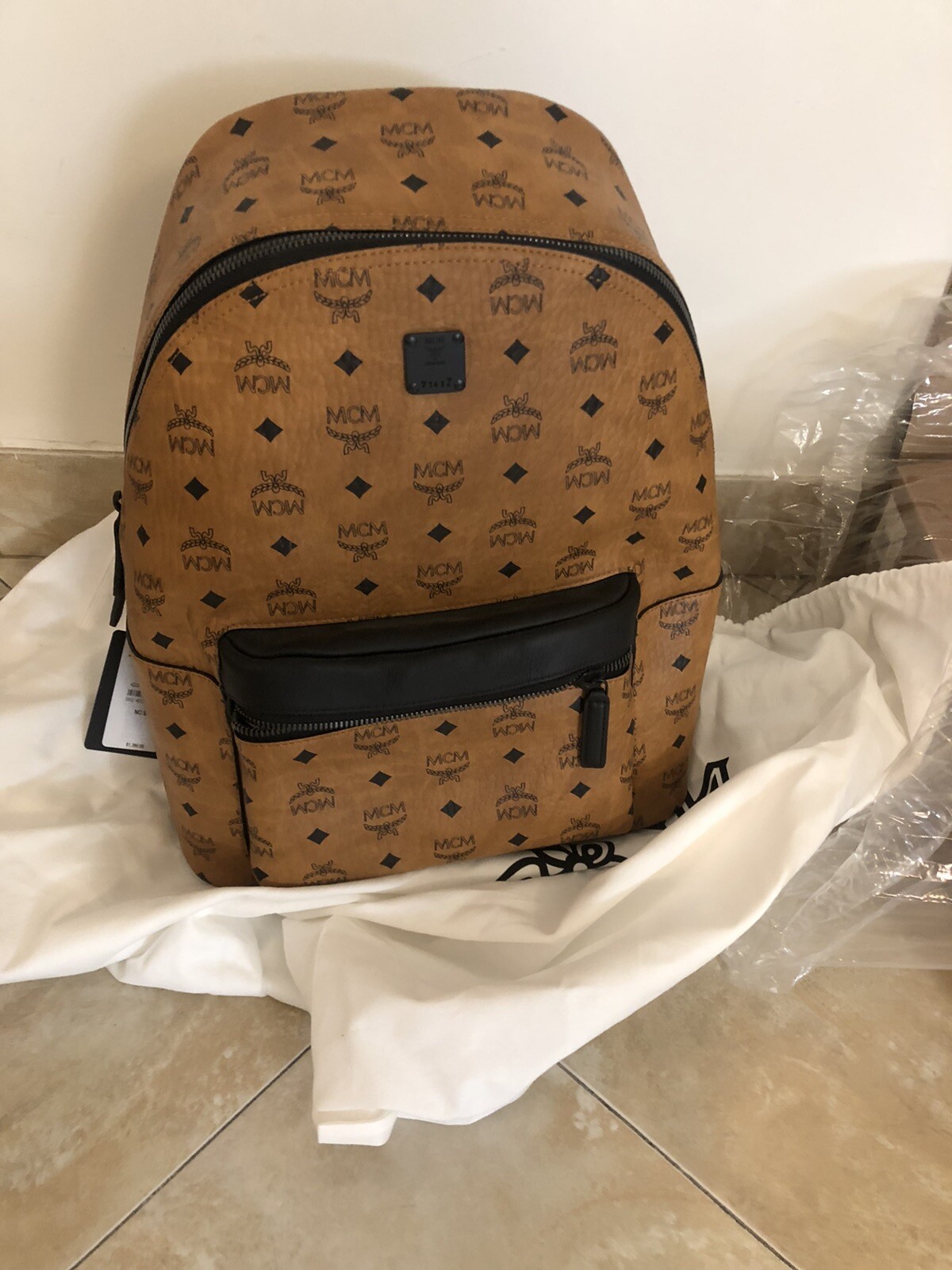 MCM Men’s Logo Monogram Medium Leather Backpack NWT Cognac