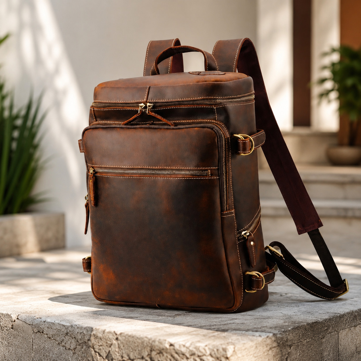 Brown Leather Laptop Backpack 17.5″ Travel Business Rucksack for Men