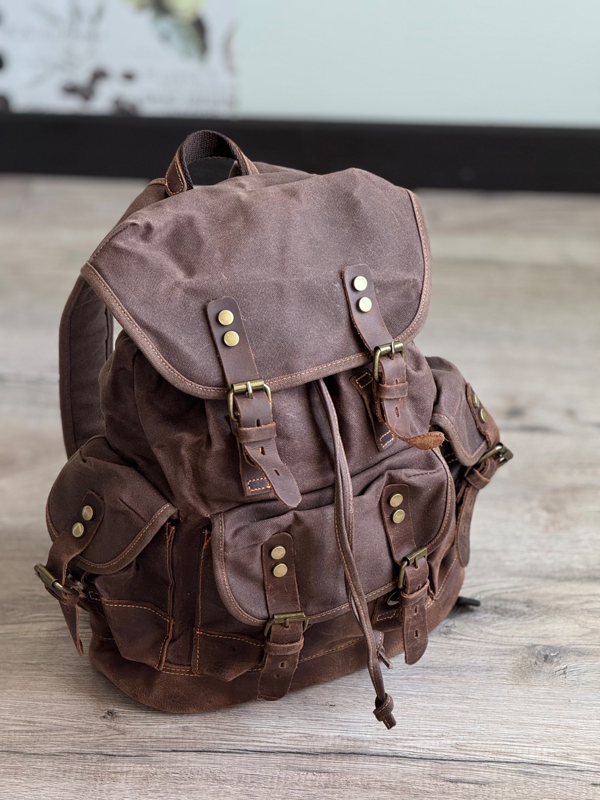 Outdoor Hiking Leather/Canvas Handmade Brown Backpack Retro Style