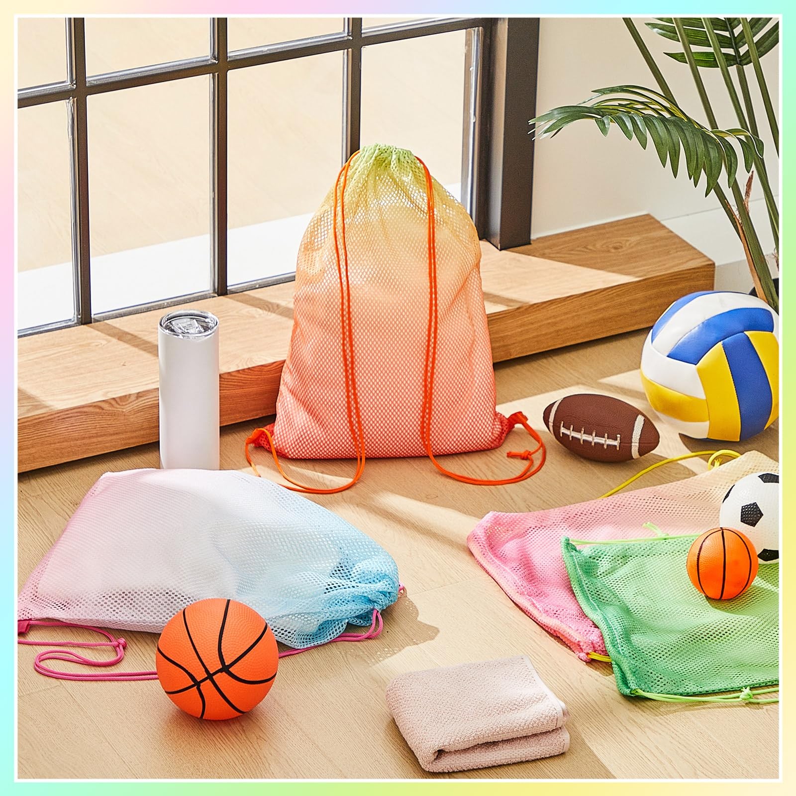 Mesh Drawstring Backpack 4 Pieces Colorful Beach Bag Swimming Gym Gear Sack