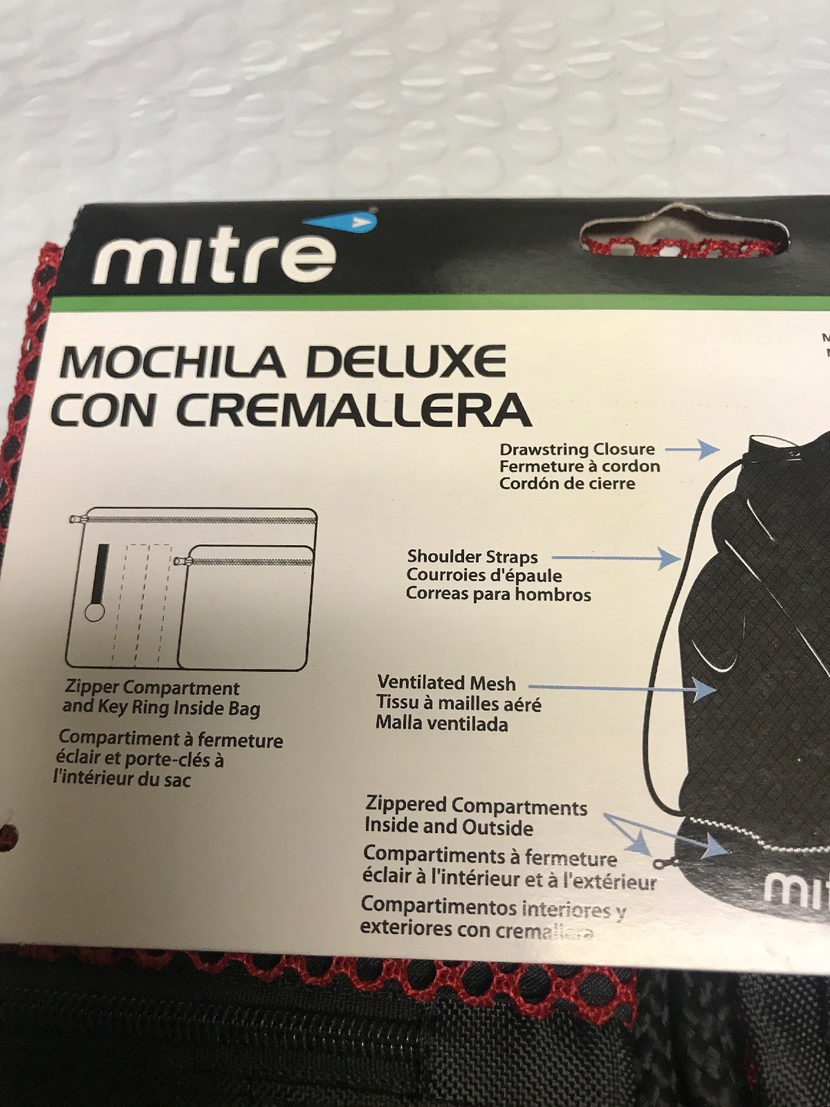 Mitre Mesh 18” Back Pack Unique Sack Bag,Key RingHook+ 3 Zippers 18in X 15.5 In