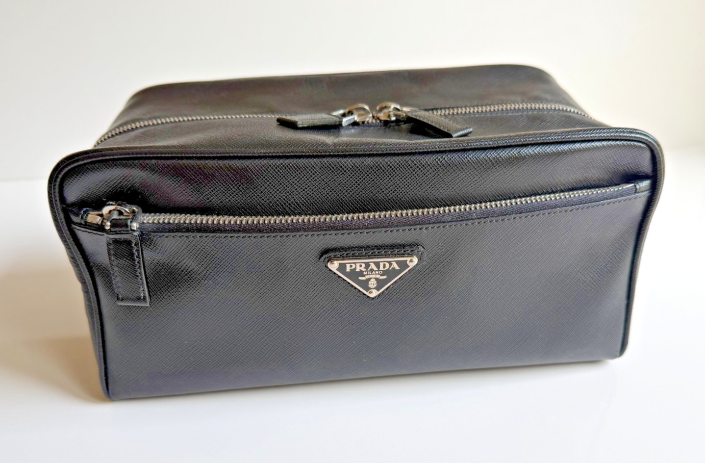 Authentic PRADA Saffiano Leather Toiletry Travel Pouch Bag Dopp Kit