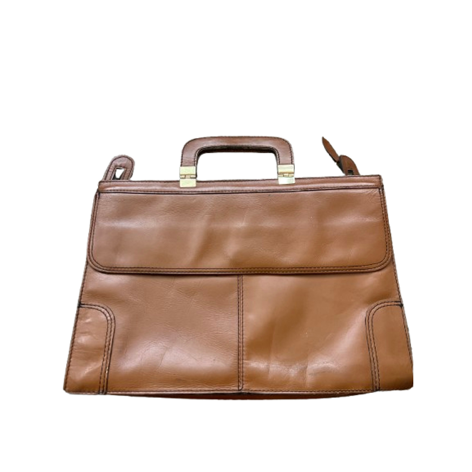 Vintage Tan Leather YKK Zip Front Flap Pocket Briefcase Document Laptop Bag
