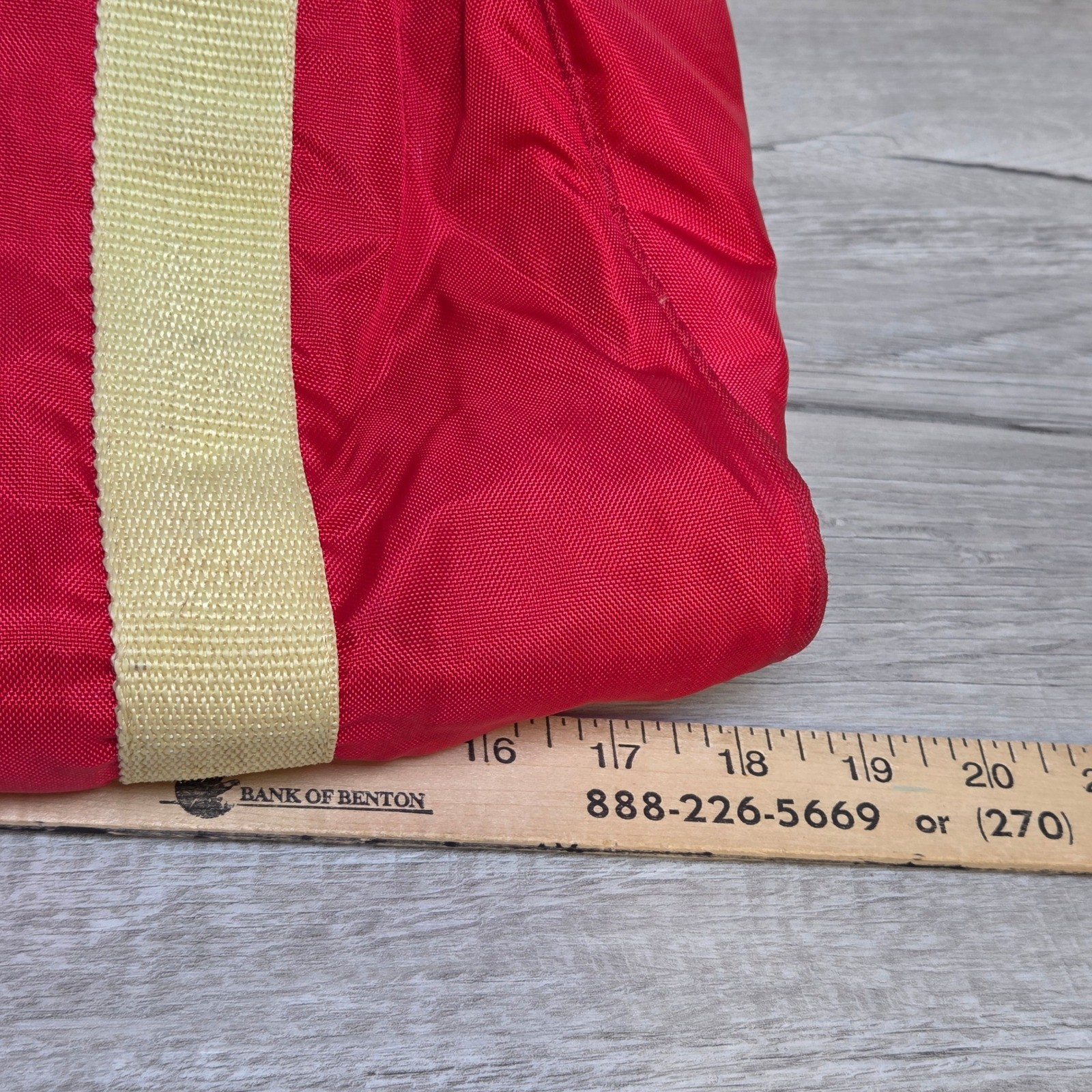 Vintage US Sport Red Nylon Duffel Bag Gym Travel Weekender Tan Straps 80s Korea
