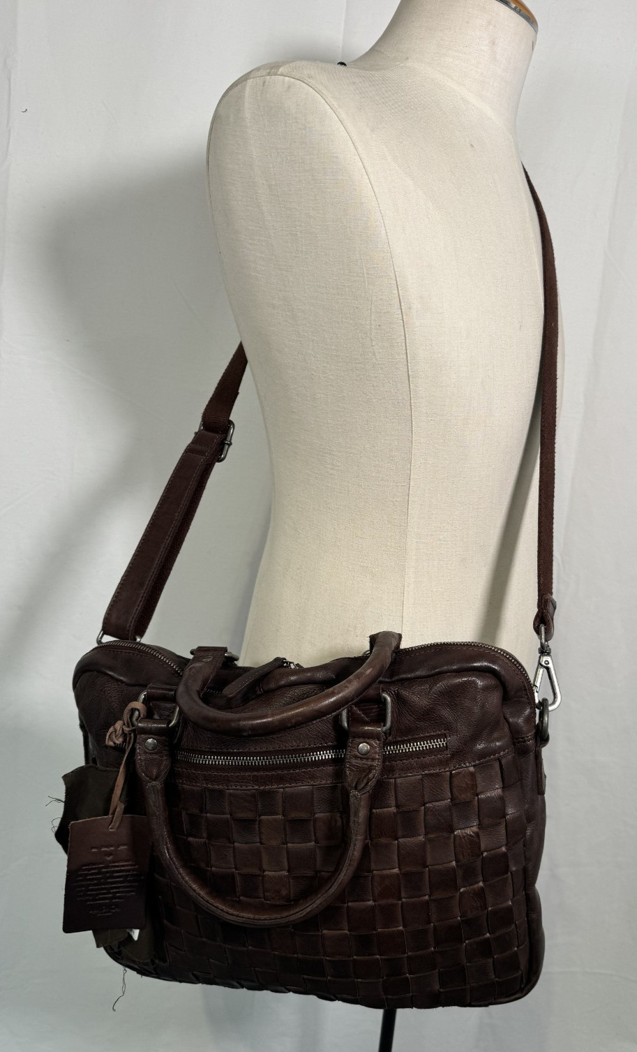 Valenca Holland Cognac Brown Woven Leather Document Laptop Bag Shoulder Carryall