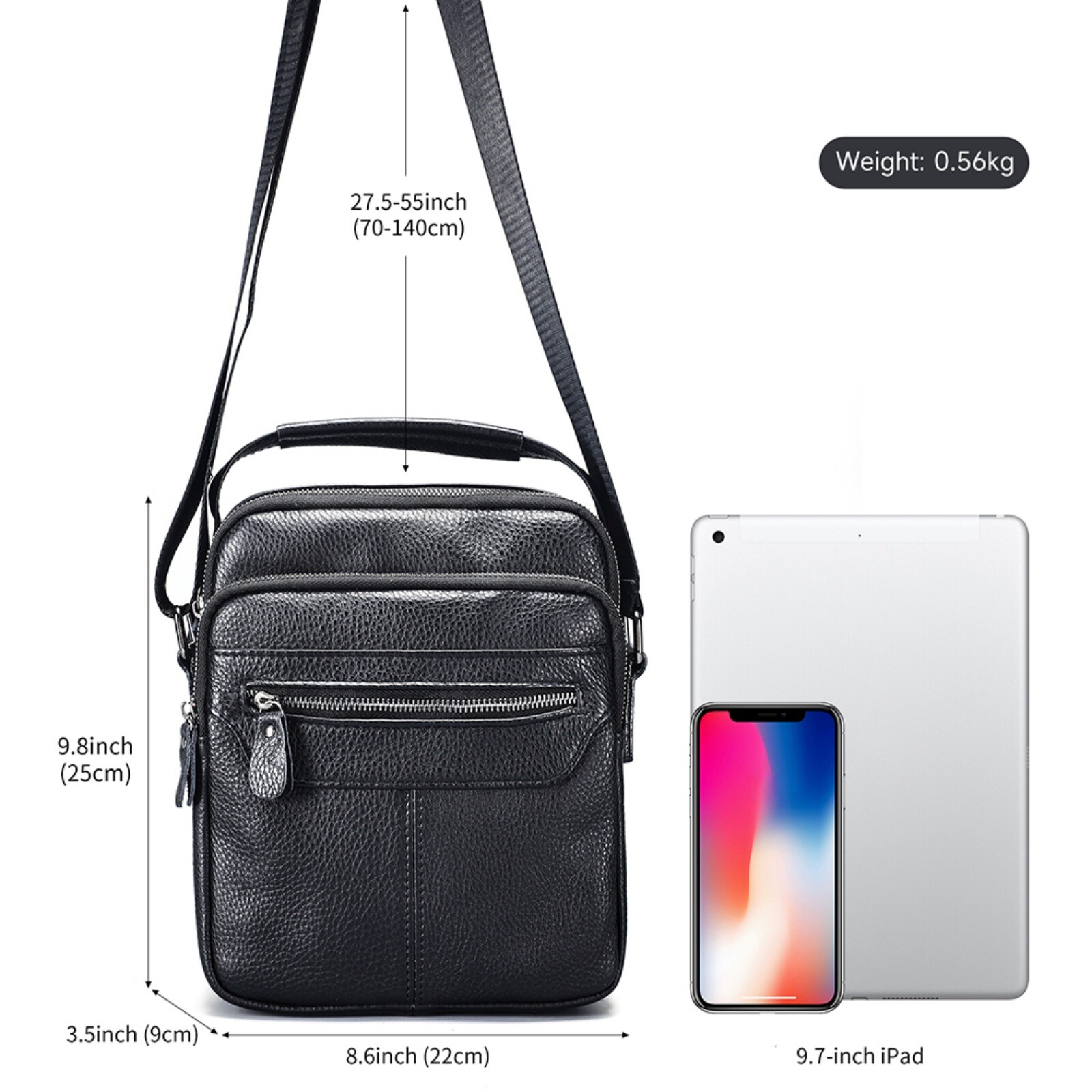 Men’s Genuine Leather Shoulder Bag Crossbody Messenger with Pockets Black