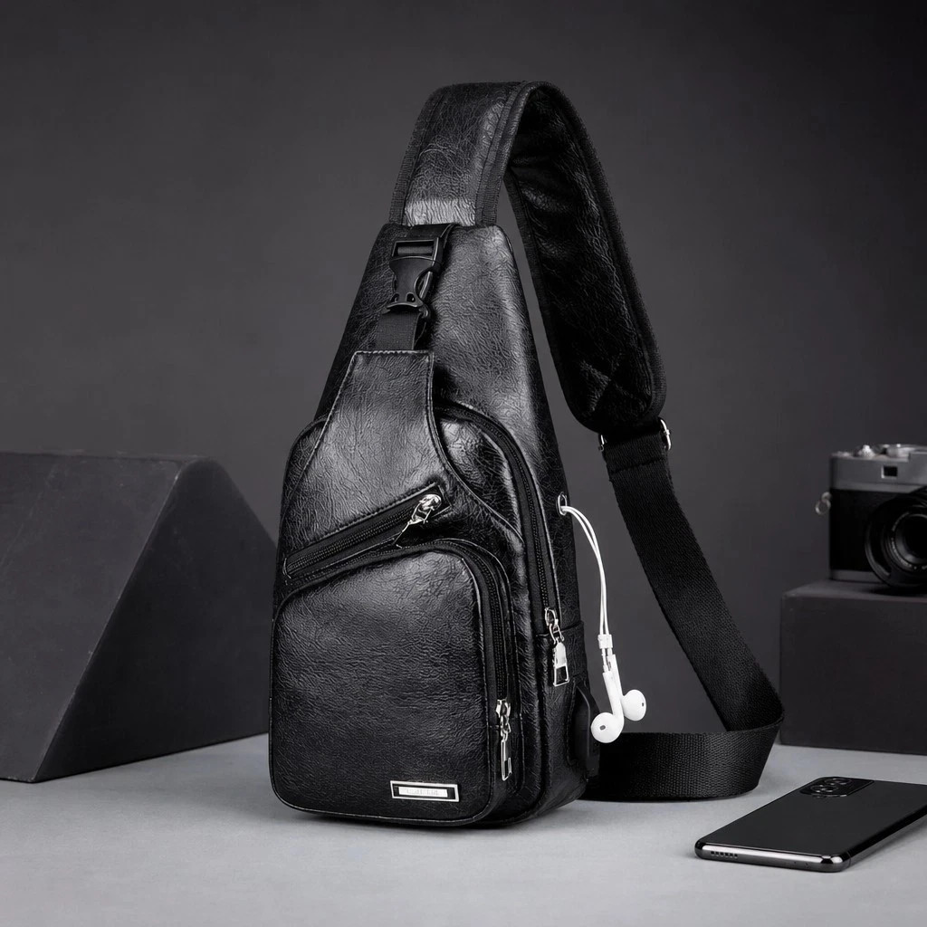 Black Chest Crossbody Bag Sling Backpack for Men with USB Charge Port Premium