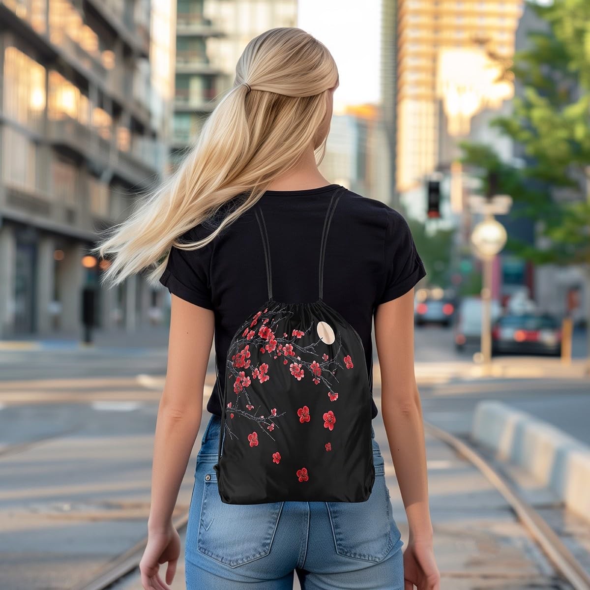 Red Cherry Blossoms Drawstring Backpack 13″x15.7″ Japanese Sports Gym String …