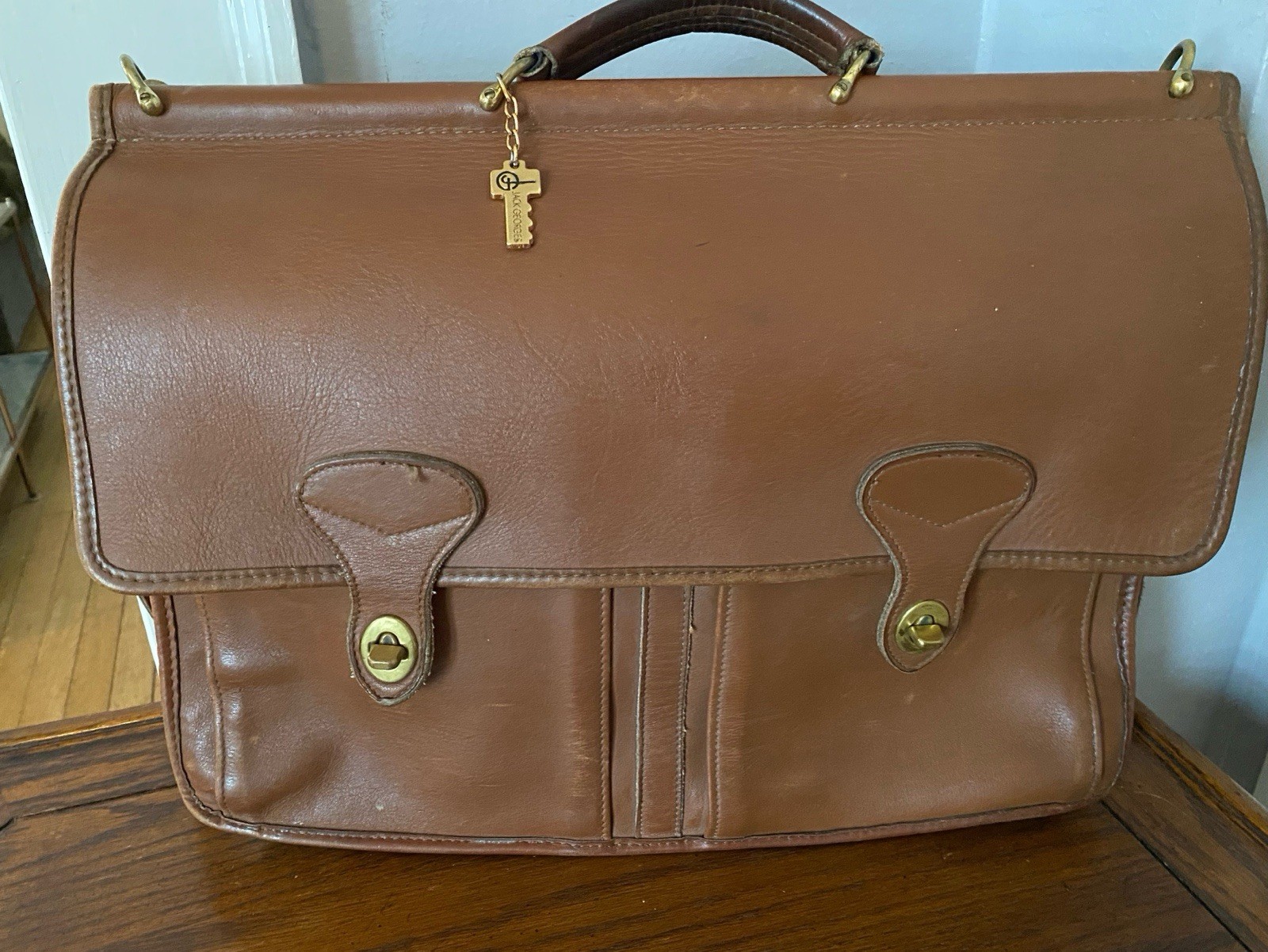 Jack Georges Leather Messenger Brief Bag Brown Handle Shoulder Laptop 16x11x5