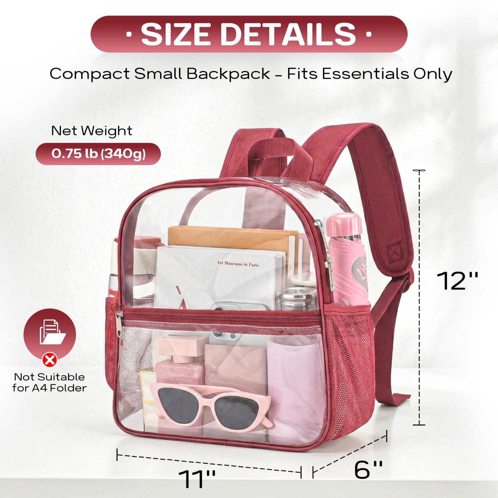 Clear Stadium Backpack for Events | Small 12x6x11 in Bag for Concerts, Sports, W