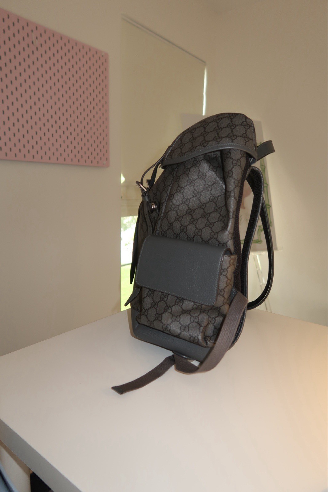 Gucci GG Pattern Gray/Black Backpack Drawstring Flap Buckle Adjustable Strap
