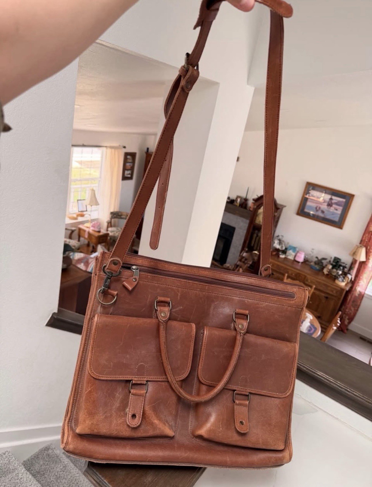 Eddie Bauer Brown Men’s Briefcase Zip/Button, Adjustable Strap, Pockets