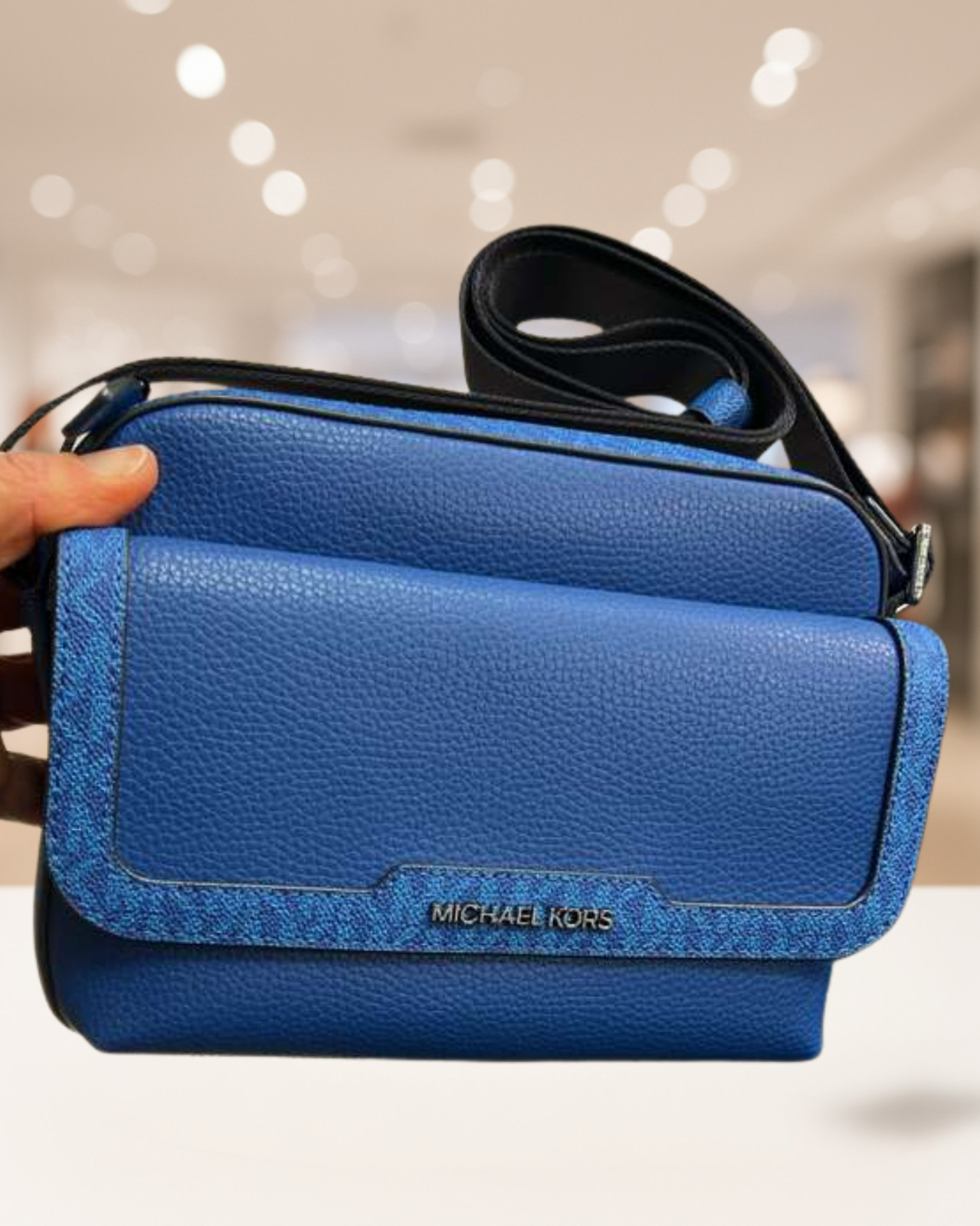 Michael Kors Cooper Medium Leather & Logo Flap Camera Crossbody Bag Galaxy Blue