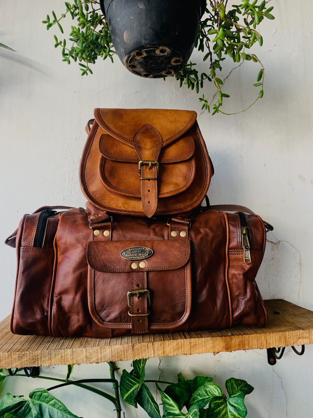 Bag Goat Leather Duffle Men Travel Luggage Genuine Brown Free Bag [ 7X9 inch ]