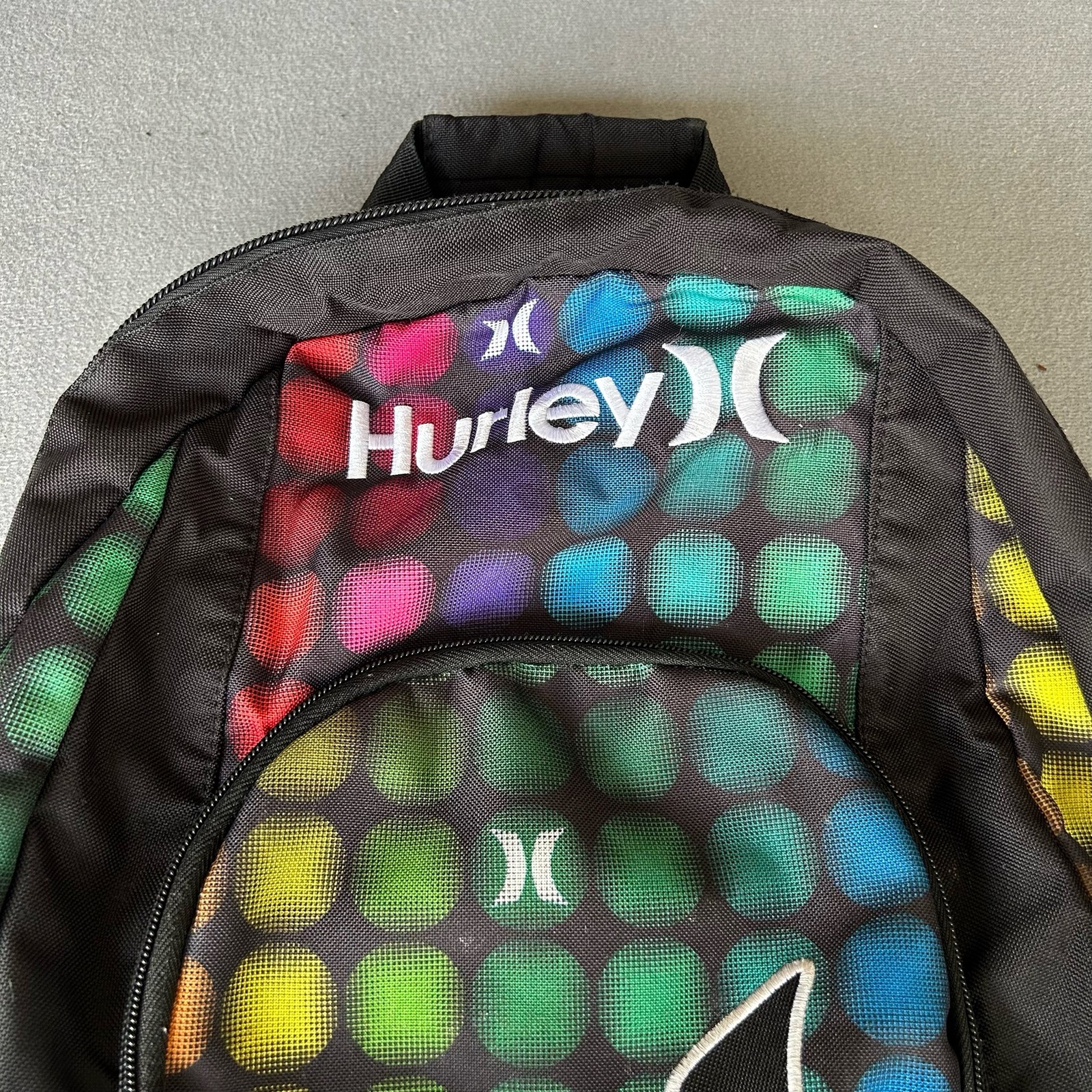 Hurley Black Multicolor Rainbow Dots Logo Backpack School Travel Bag