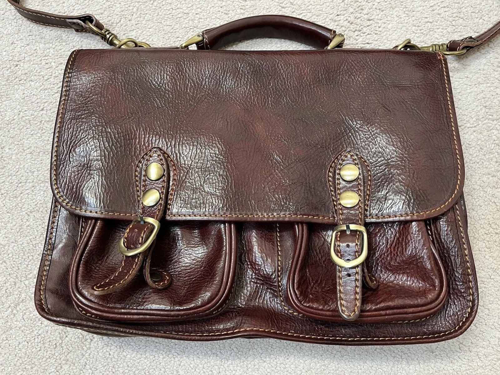 Italian Leather Messenger Computer Commuter Briefcase Bag Brown Strap Snap