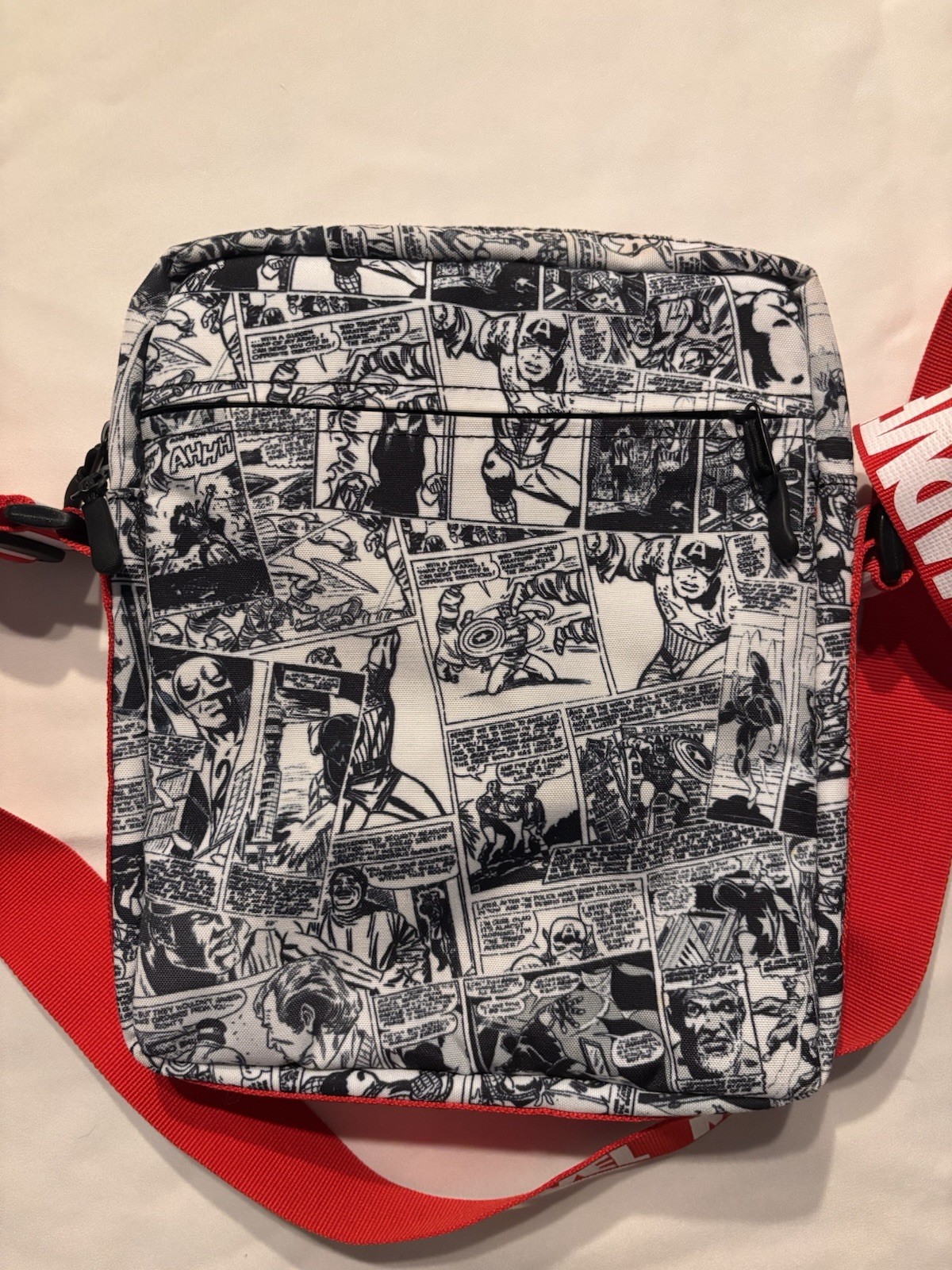 Marvel Comic Print Small Crossbody Bag Zip Closure, Adjustable Red Strap