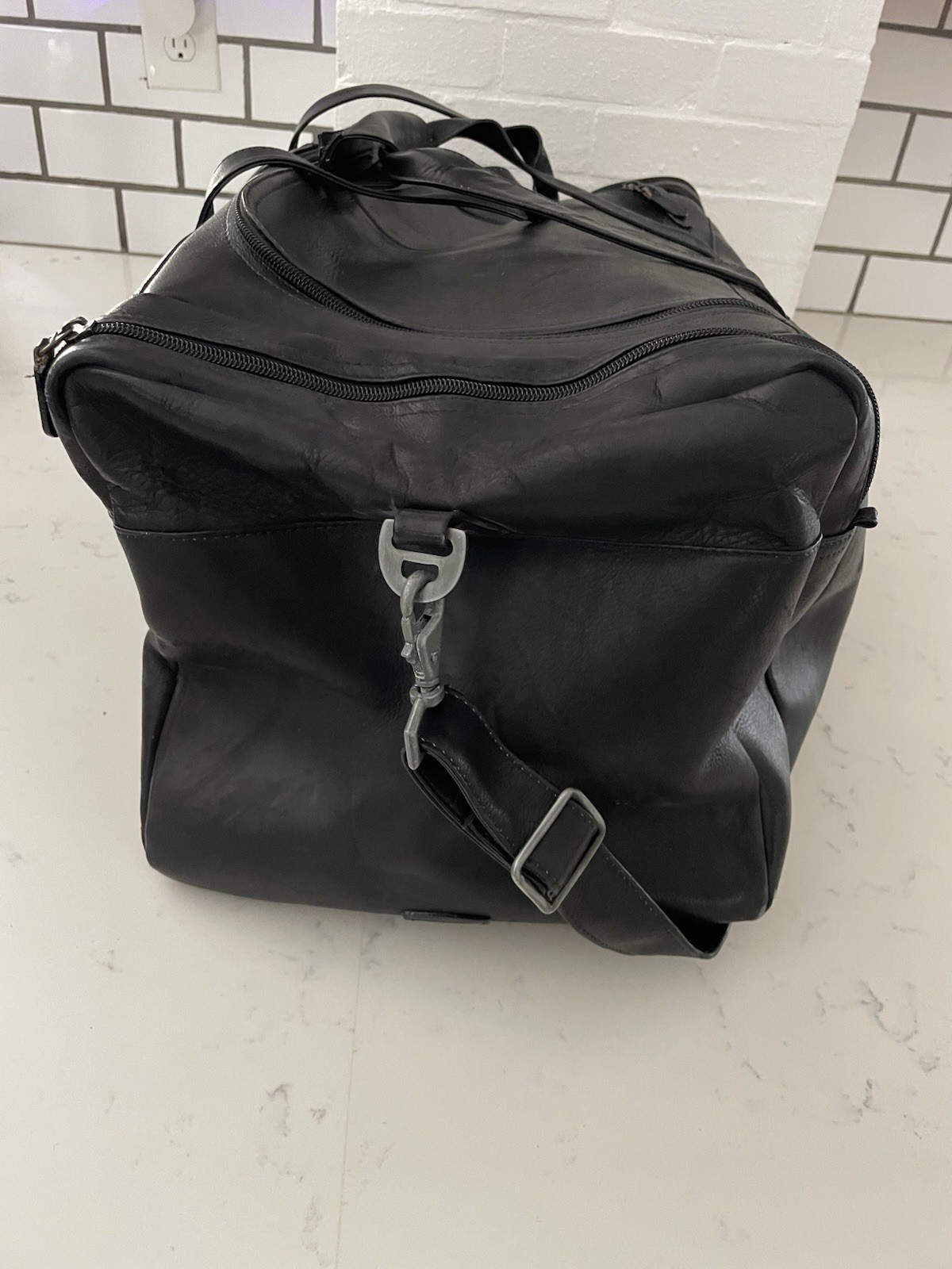 Black Leather Travel Duffel Bag Gym Weekender Overnight Luggage Mens Large