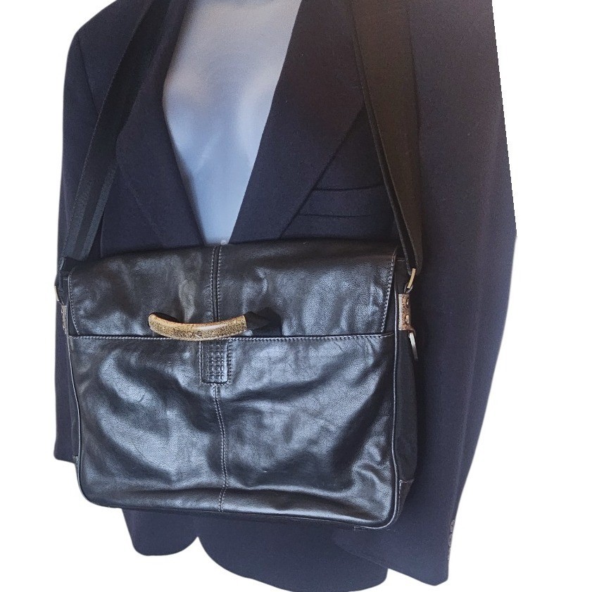 Boconi Black Leather Messenger Bag Briefcase Crossbody Laptop Satchel Work Bag