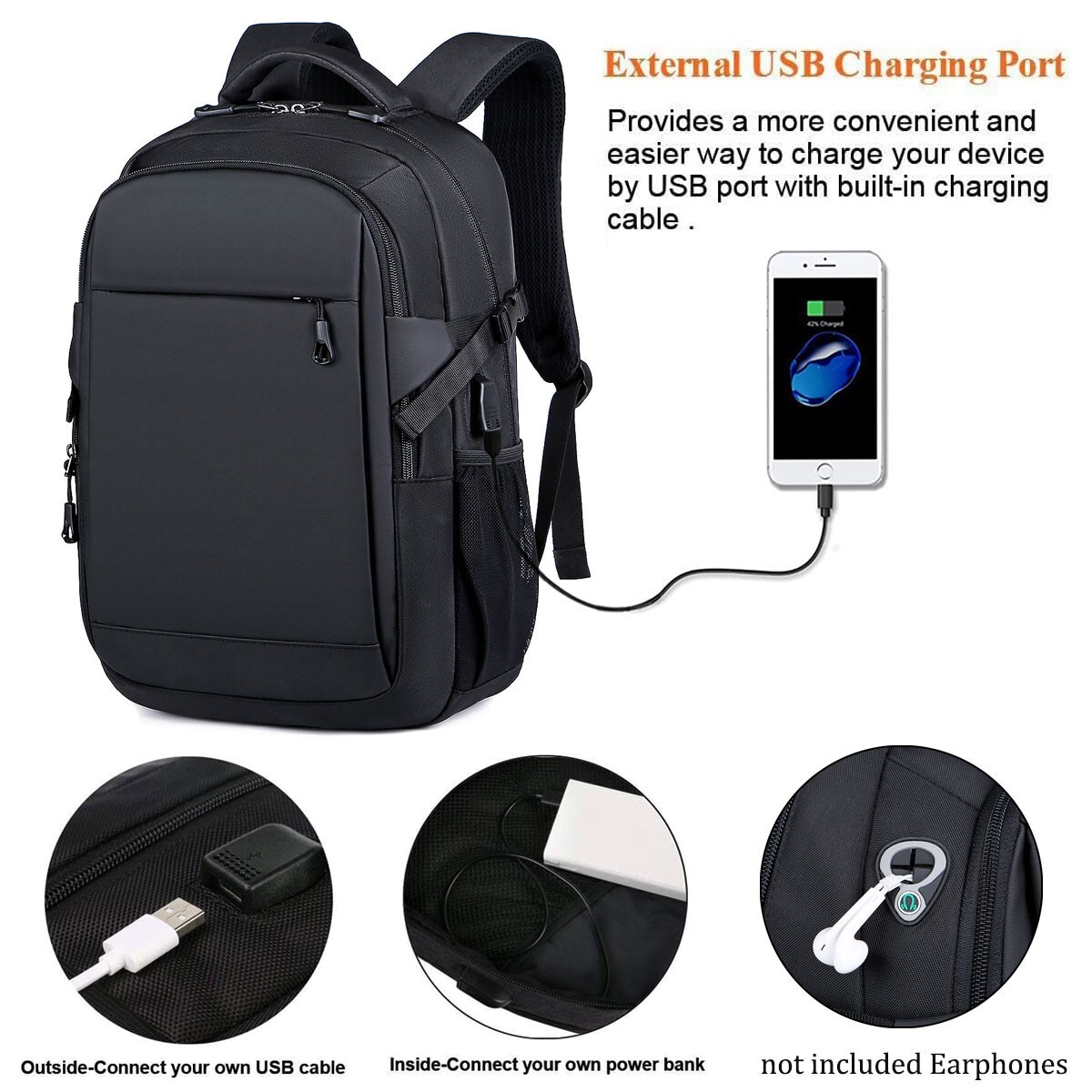 Men Laptop Backpack School Travel Computer Bookbag with USB Charging Port Black