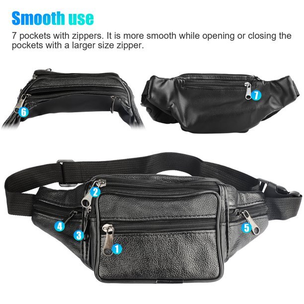 Genuine Leather Fanny Pack Multi Zippered Sports Hip Waist Bag Belt Purse Pouch