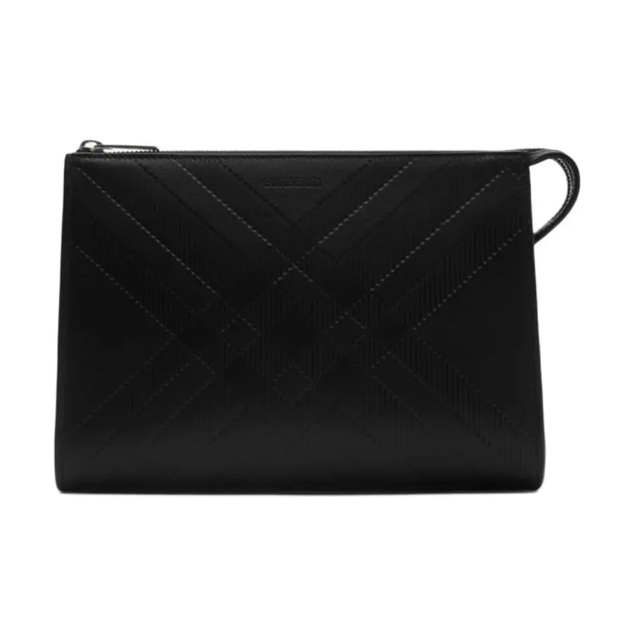 Burberry Check Embossed Calfskin Pouch Unisex Black 9.3×3.3×7.1 in