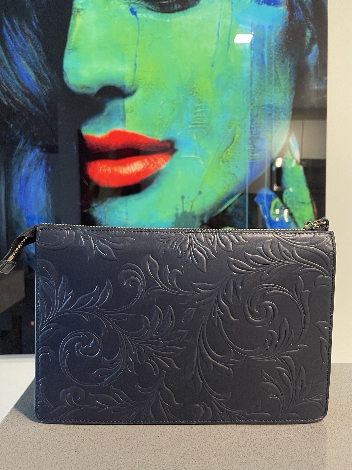 Versace Pouch Embrossing Calf Leather Navy Blue $900 Retail