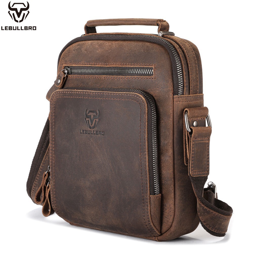 LEBULLBRO Men’s Crazy Horse Leather Crossbody Bag Shoulder Business Handbag M