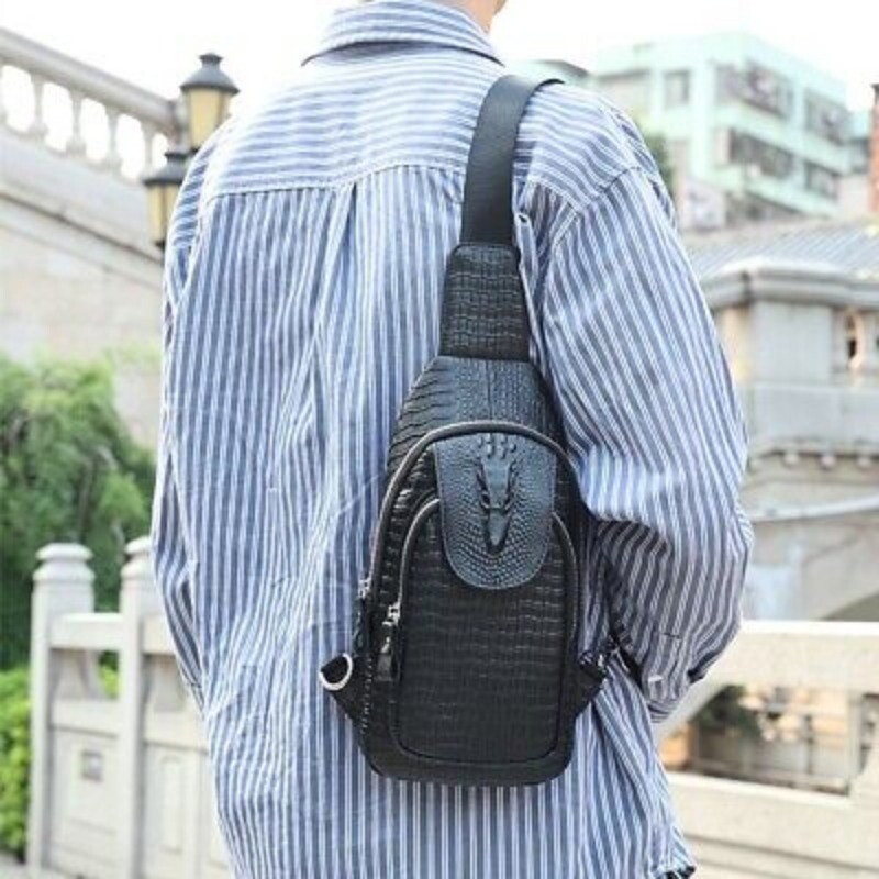 Black Real eather Sling Backpack, Men’s Crossbody Chest Bag Crocodile Pattern