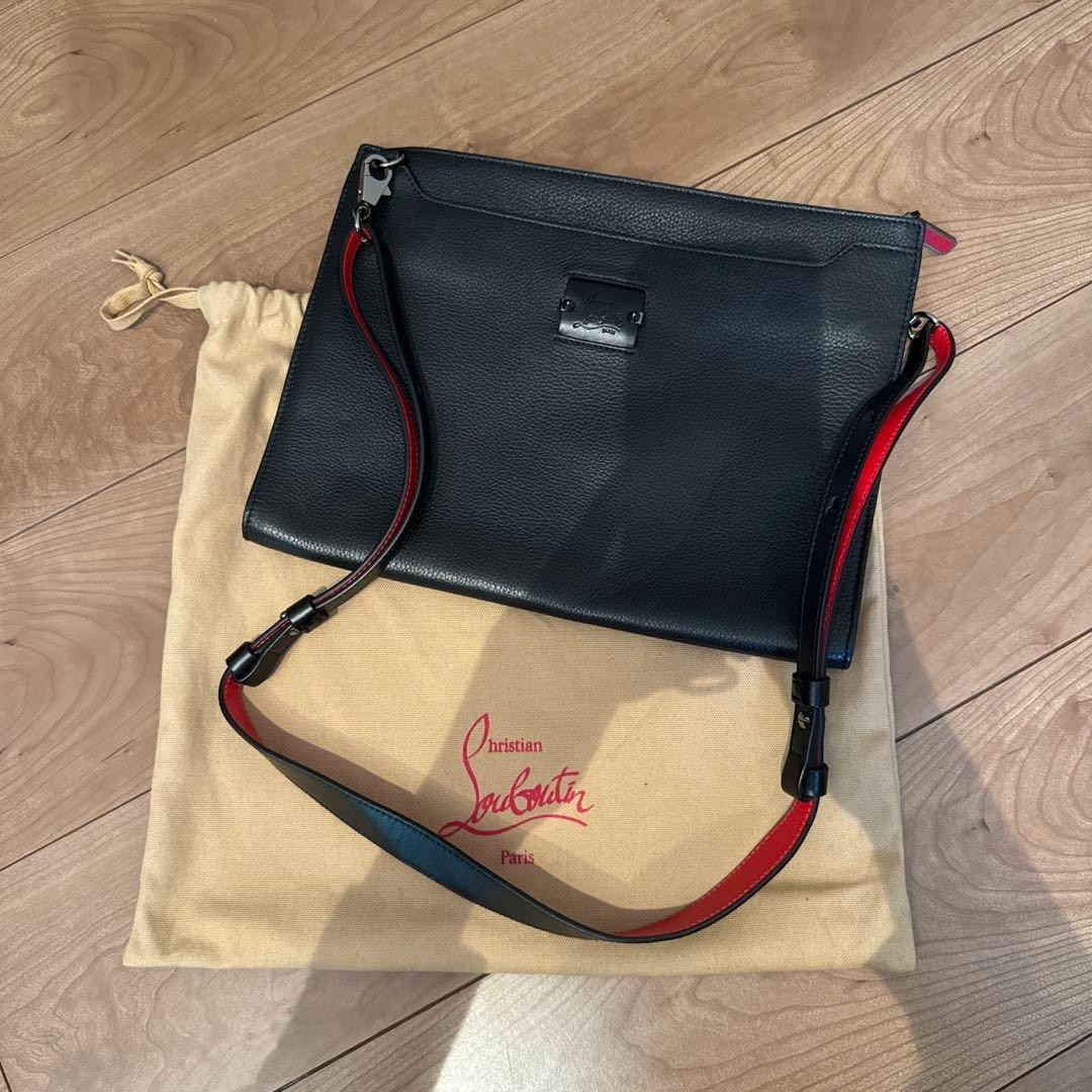 Christian Louboutin Authentic Black Grained Leather Shoulder Bag Red w/ Dust bag