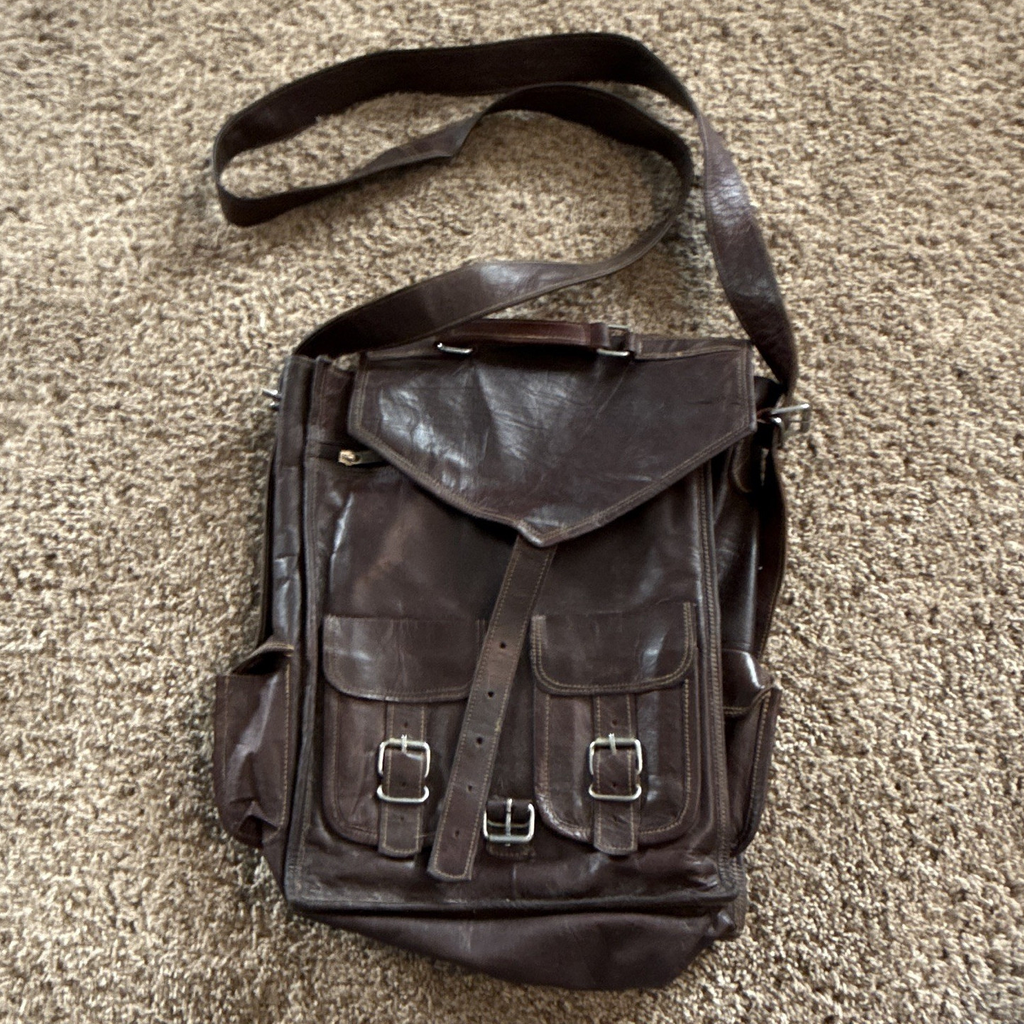 Brown Messenger Shoulder Bag Buckle Flap Zip Closure Adjustable Strap Pockets