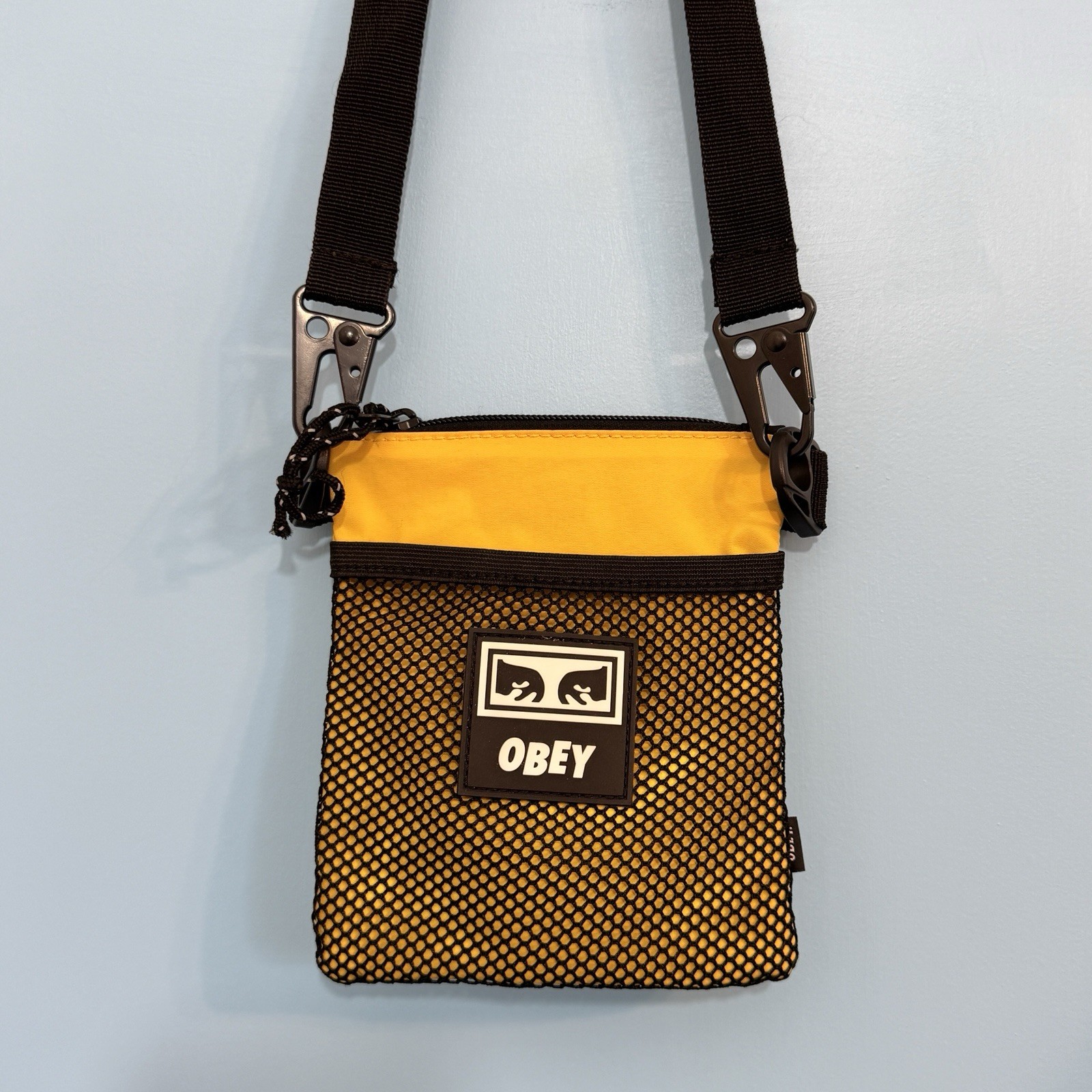 OBEY Yellow Black Mesh Crossbody Bag Side Pouch Festival Shoulder Bag Streetwear
