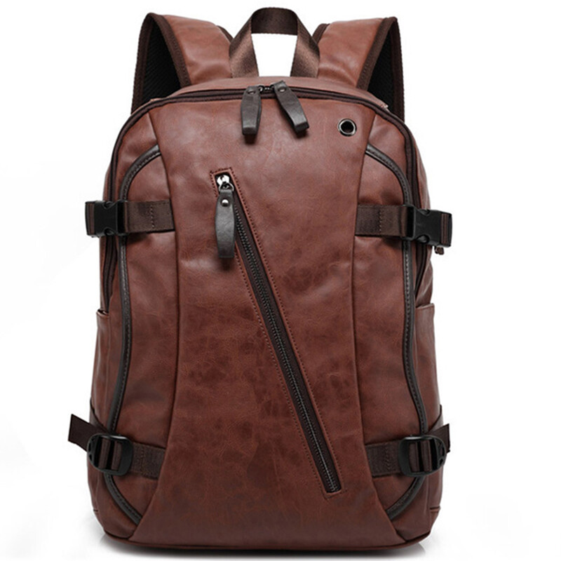 Leather Backpack for Men Zipper Closure Double Adjustable Straps Side Pocket Bag