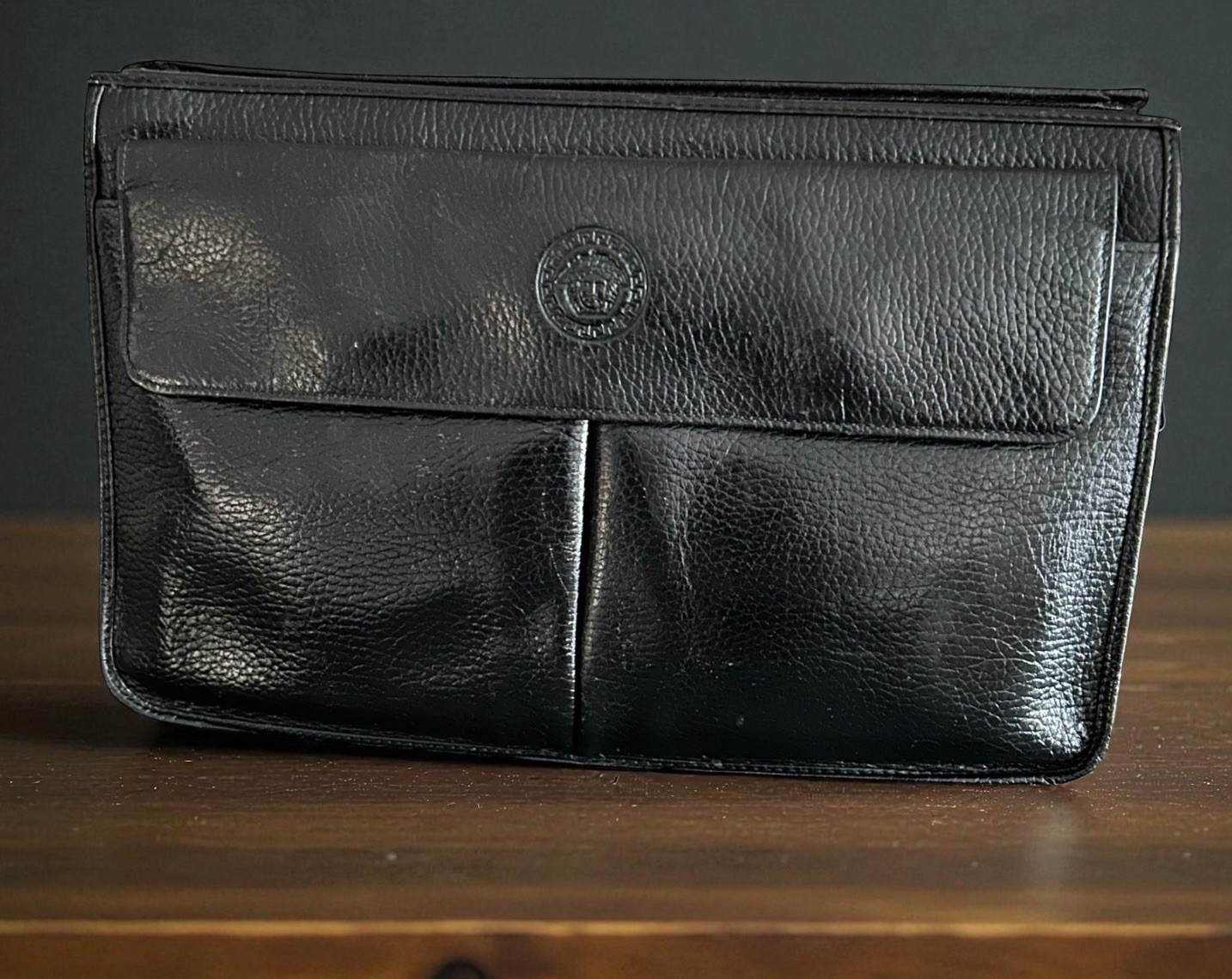 Gianni Versace Clutch Bag Unisex Pebbled Leather Pouch Medusa Zip Pockets Black
