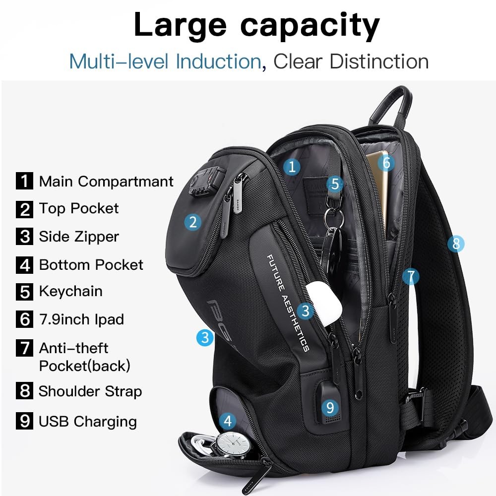 Anti theft Sling Backpack with Lock, Men’s Sling Bag for Men, Shoulder Crossb…