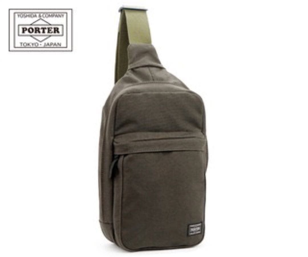 PORTER Smoky Green Sling Shoulder Bag Canvas Body Bag Front Pocket Japan