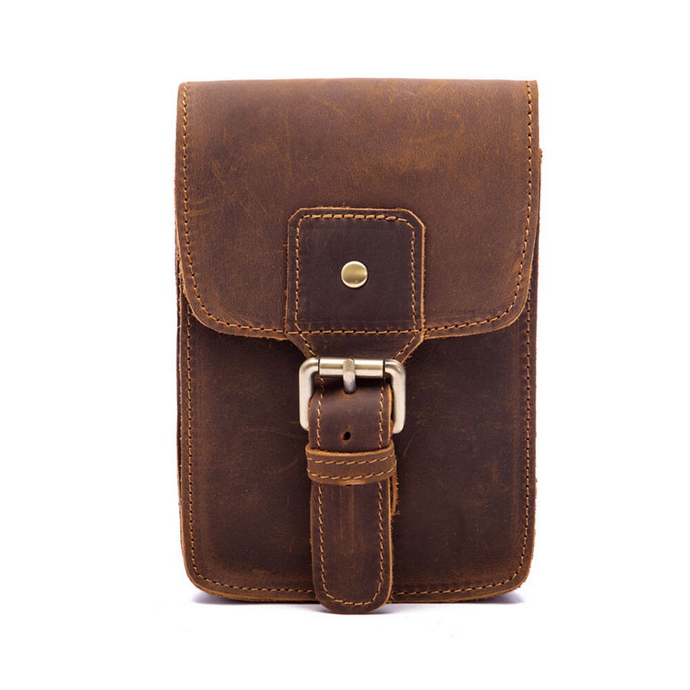 Crazy Horse Leather Men Small Waist Bag Pouch Hook Fanny Waist Belt Pack-
