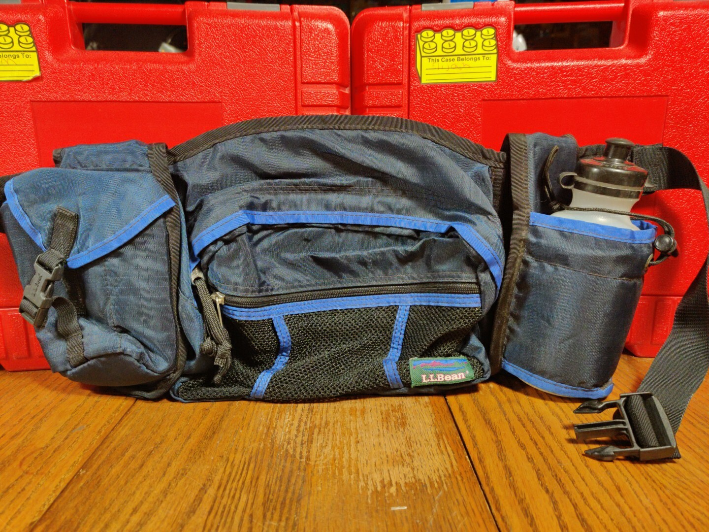 LL BEAN Blue Canvas Multi Sport Fanny Pack Belt Bag Hiking Vintage With Bottle