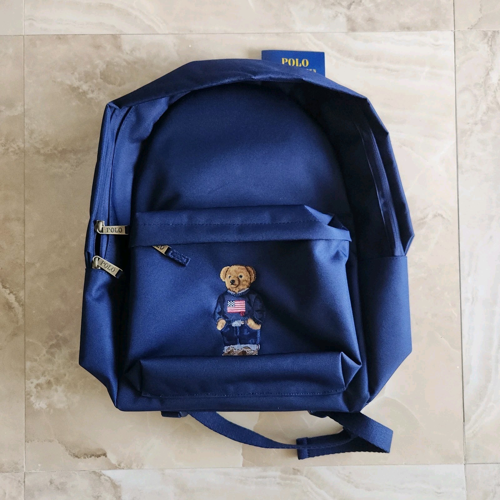 Polo Ralph Lauren School Backpack Bear Logo Navy Blue Laptop Pocket Backpack Bag