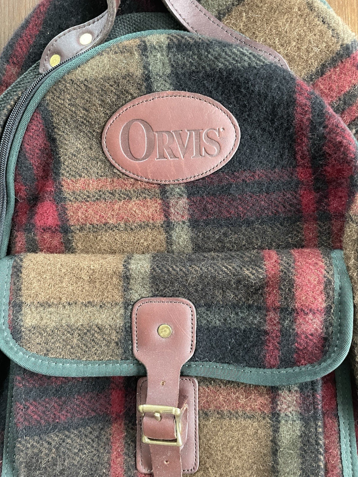 Vintage Orvis Backpack Plaid / Multicolor Brown Leather Made In USA Euc Rare 90s