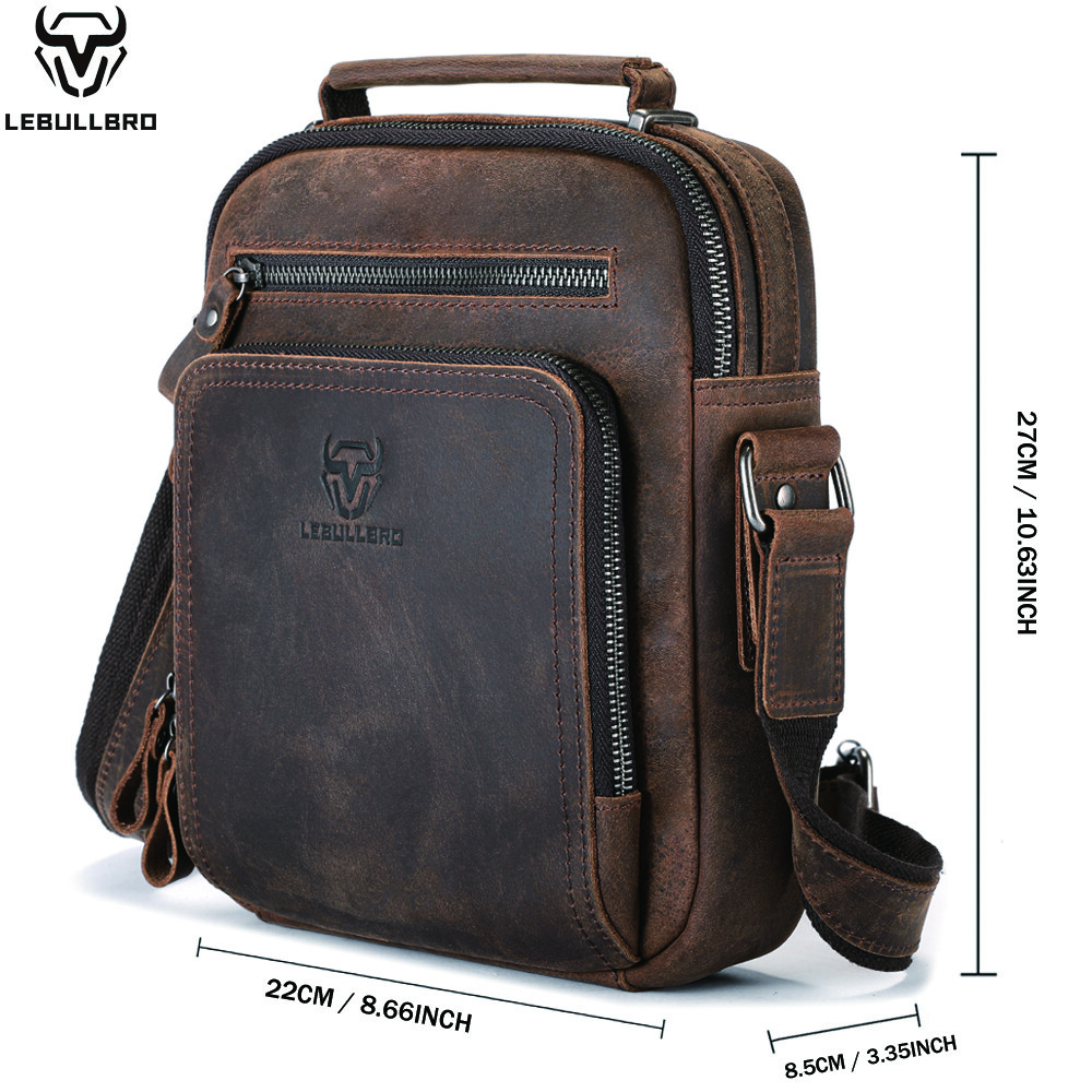 Men’s Genuine Crazy Horse Leather Crossbody Bag Casual Multi-Pocket Shoulder Bag
