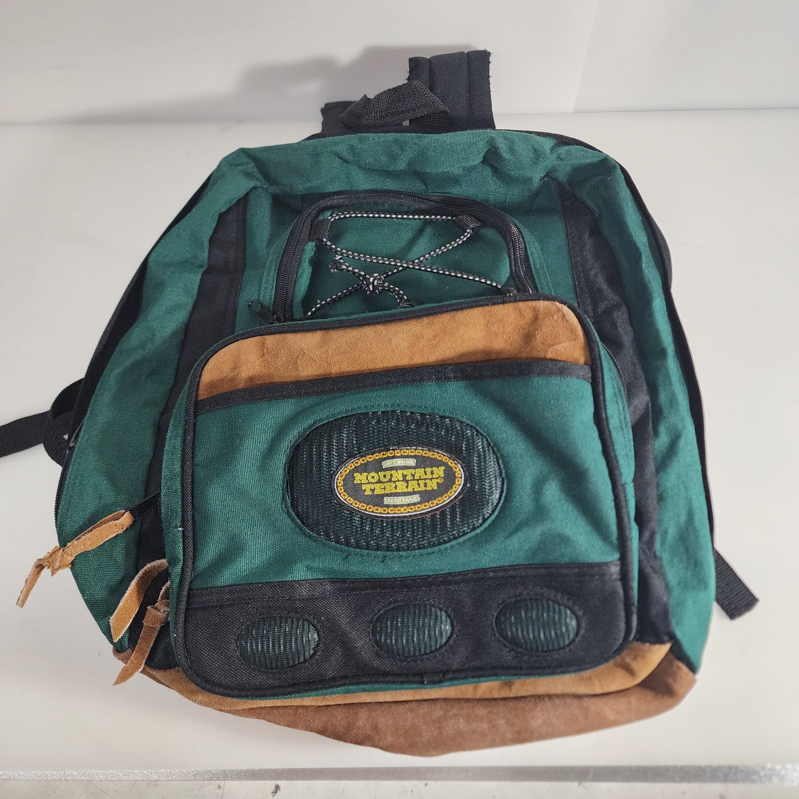 Mountain Terrain Backpack Brown Suede Bottom Green Nylon 90s Y2K Vintage