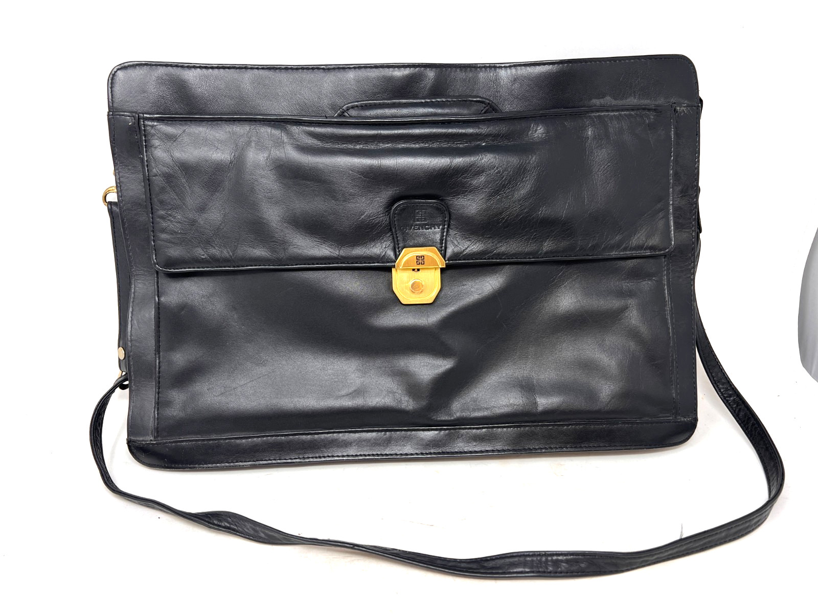 Givenchy Black Leather Briefcase Portfolio Bag Shoulder Strap Vintage