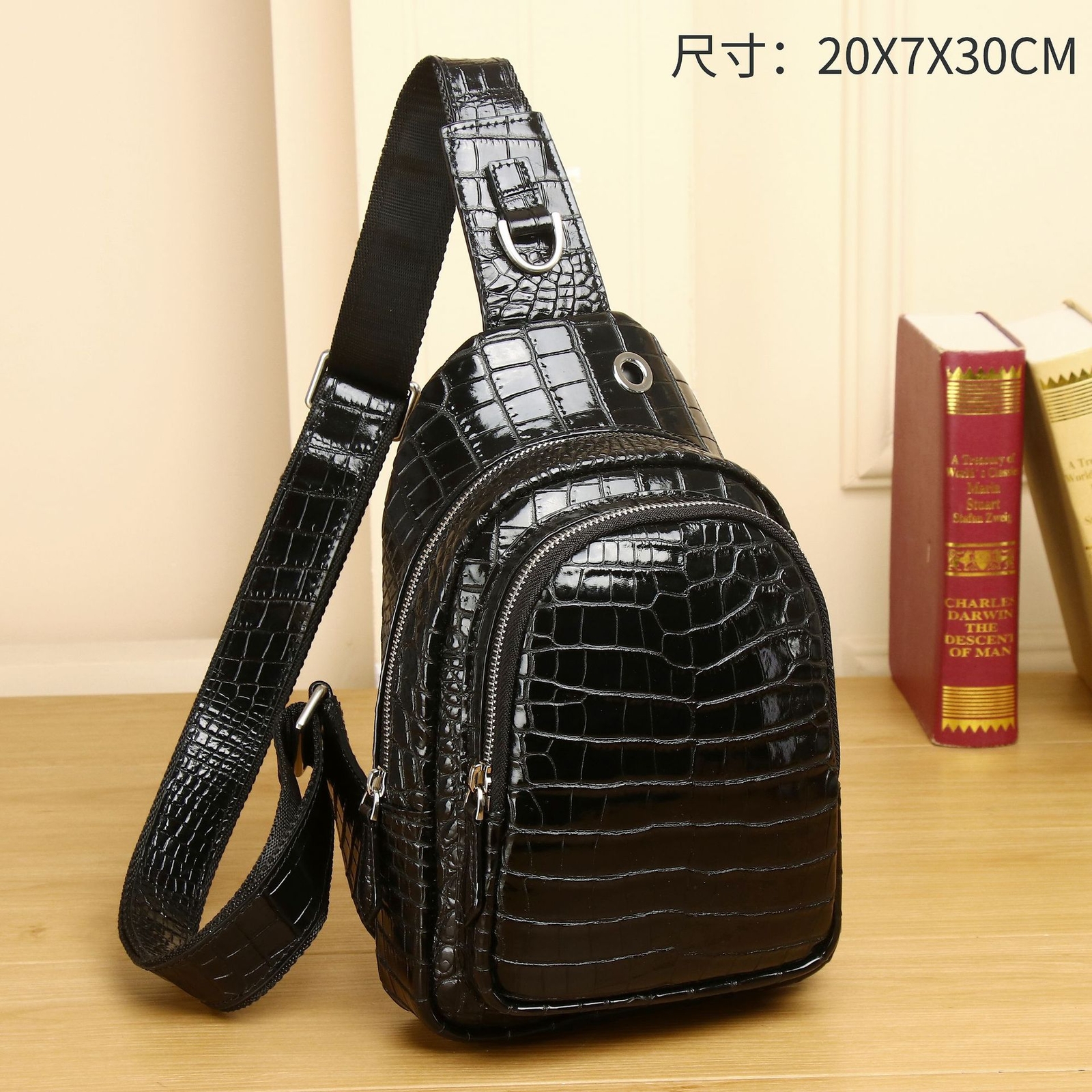 Genuine Leather Men’s Sling Backpack, Shiny Crocodile Pattern Crossbody Bag