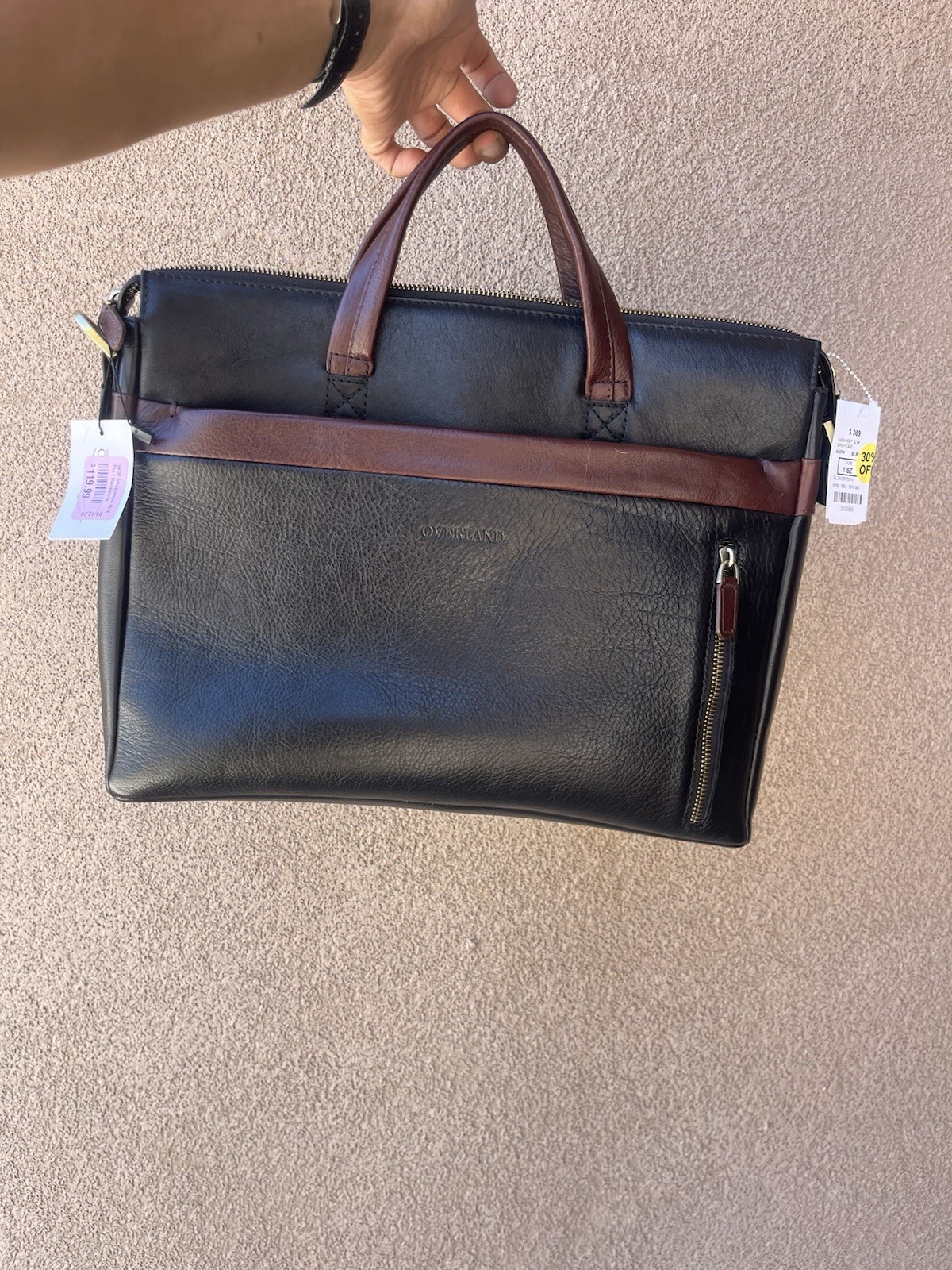 OVERLAND Newport Slim Briefcase Black Brown Zip Top Handle Inner Outer Pockets