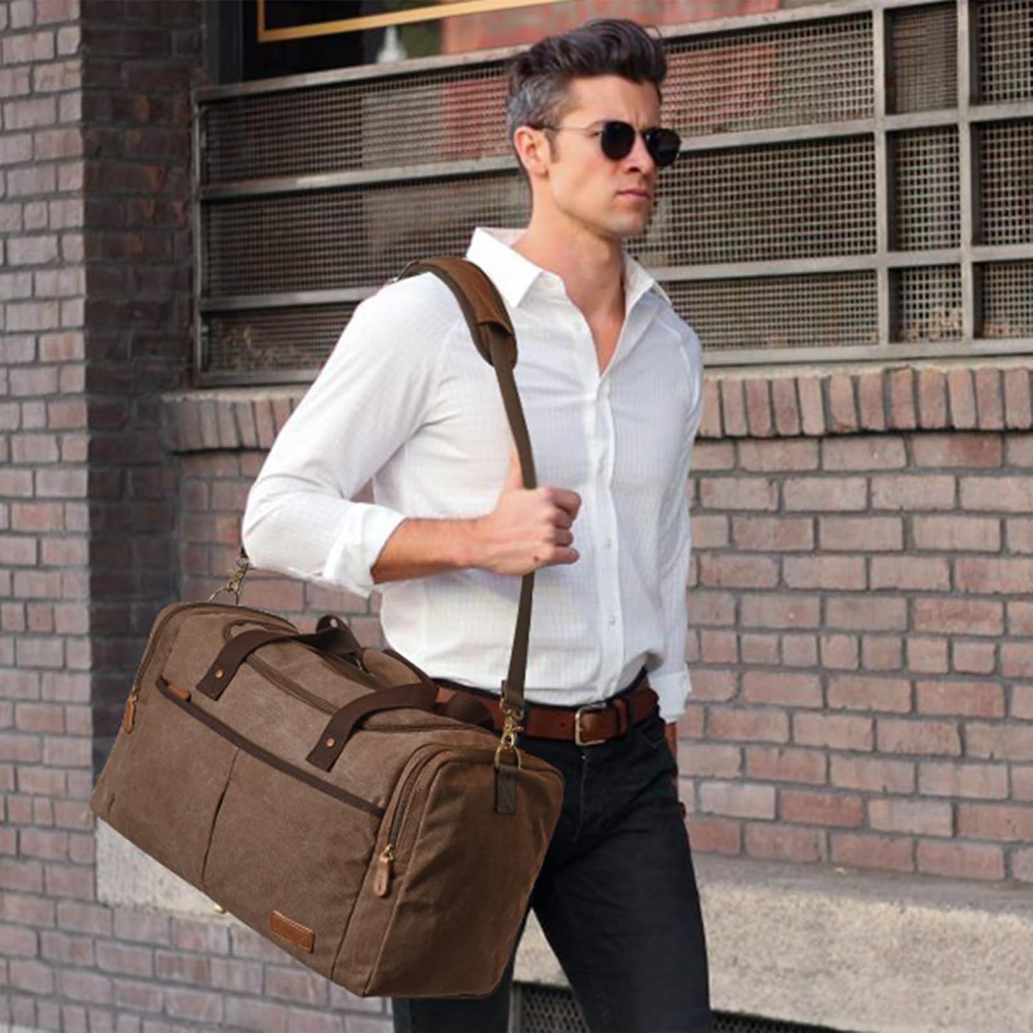 Large Canvas Duffel Bag with Shoe Compartment for Travel and Gym, Coffee Color