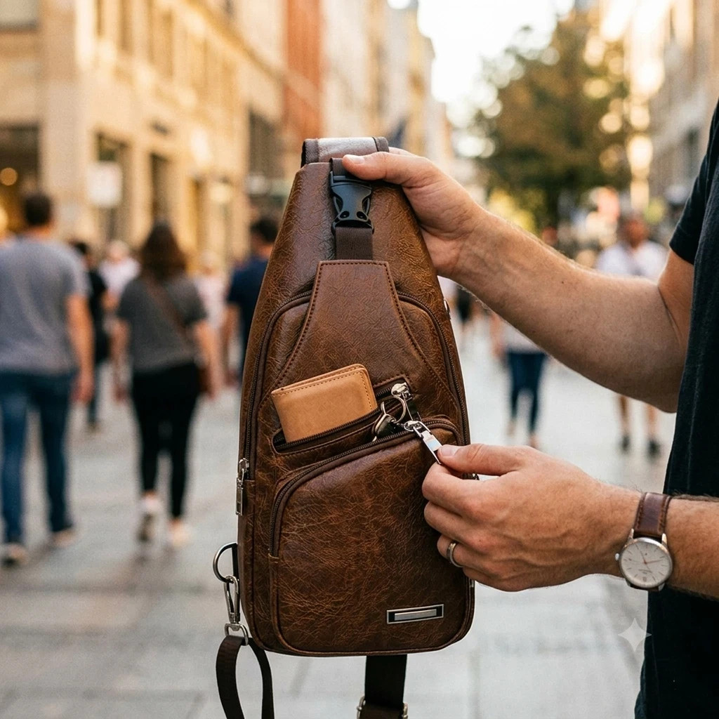 Brown Chest Crossbody Bag Sling Backpack for Men with USB Charge Port