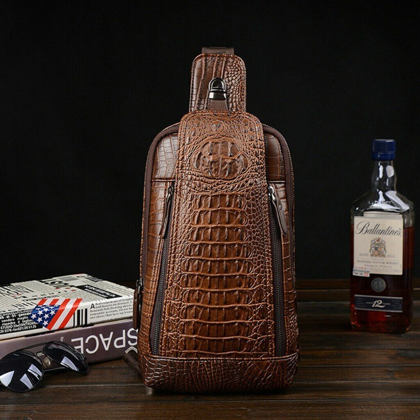 Mens Luxury Leather Crocodile Pattern Chest Bag Backpack Crossbody Travel Bag