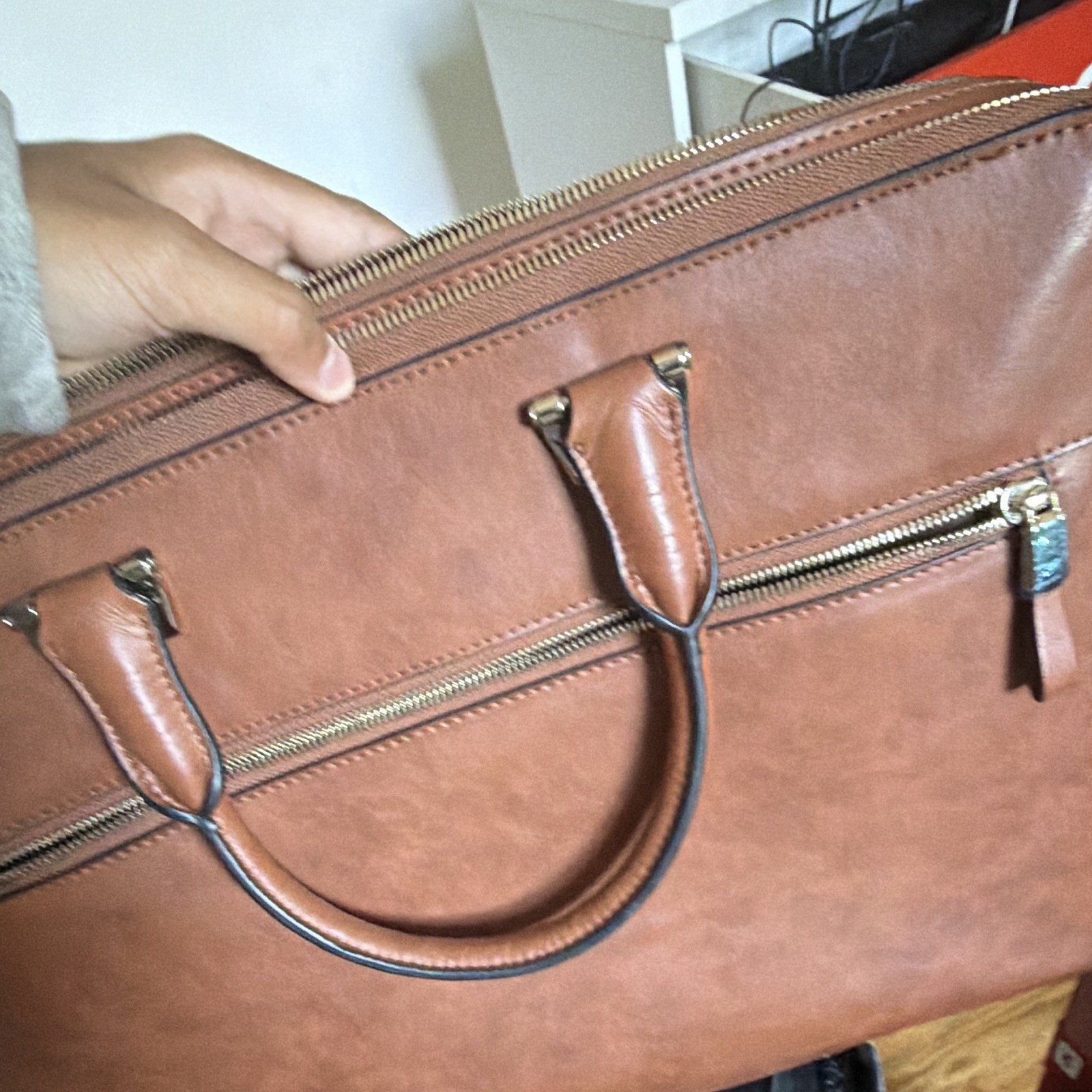 Men’s Brown Zip-Top Briefcase/Document Case Top Handle Organizer Solid